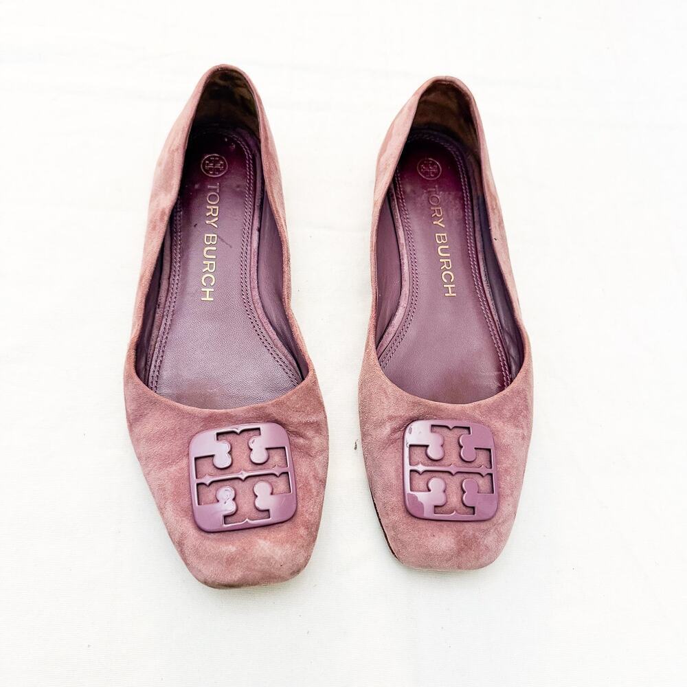 Tory Burch Cipria Color Suede Logo Square Toe Flats Lavender Purple Size 9.5